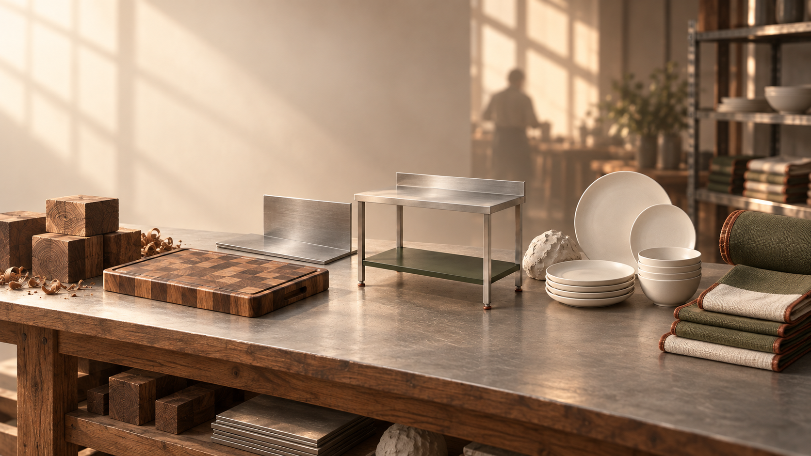 Materials and objects on a DOVMERE studio workbench